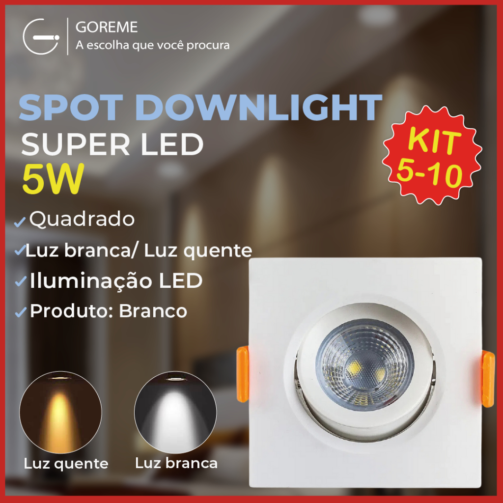 Kit 10 Luminária Spot Led Quadrado Direcionável 5W Embutir Gesso Teto | Luz Fria / Luz Quente Bivolt