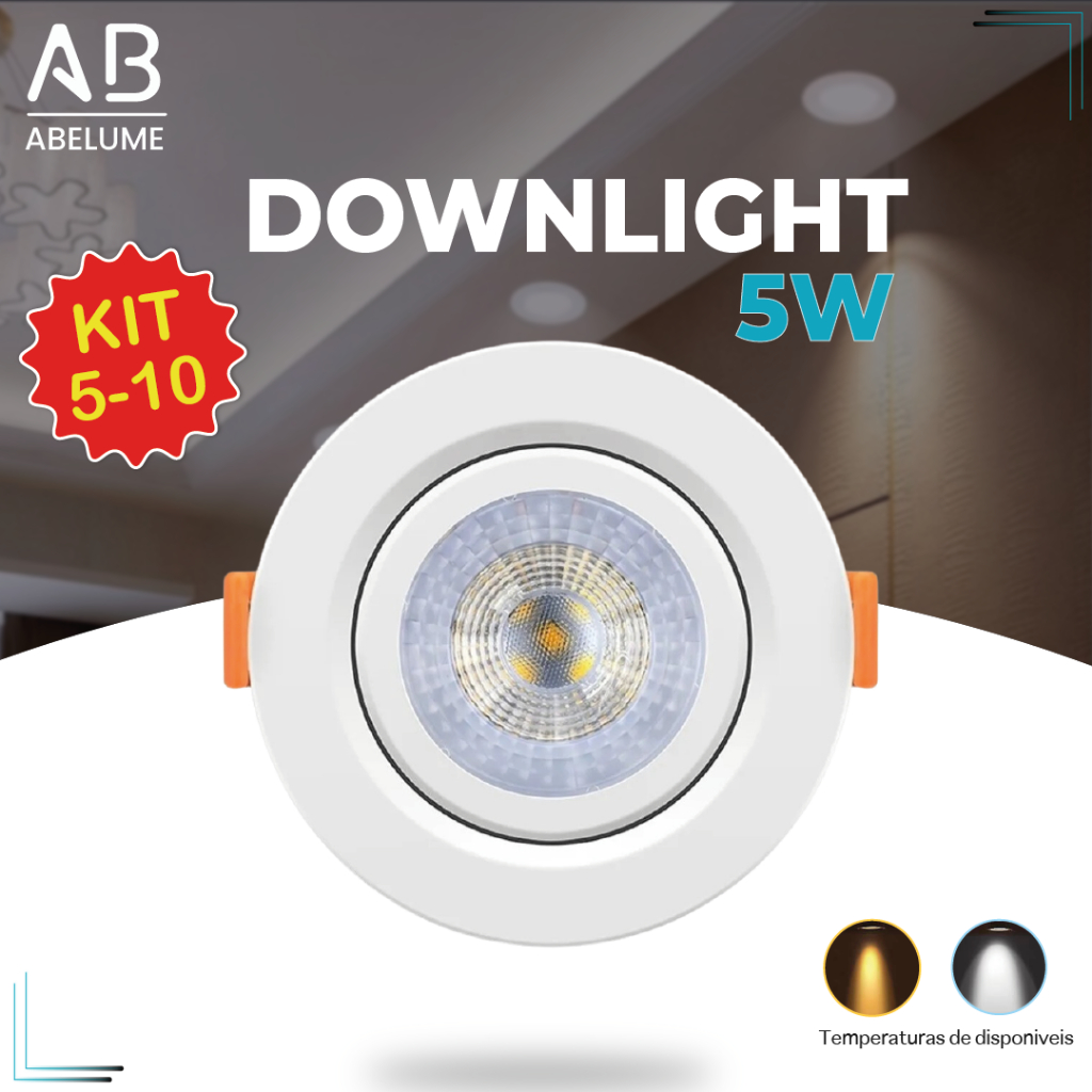 Kit 10 Luminária Spot Led Redondo Direcionável 5W Embutir Gesso Teto | Branco Frio | Branco Quente Bivolt