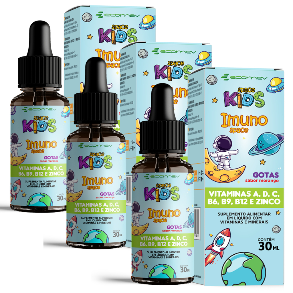 3Un Imuno Kids Em Gotas Vit B6 B9 B12 Zinco A D C Sabor Morango 30ml Ecomev