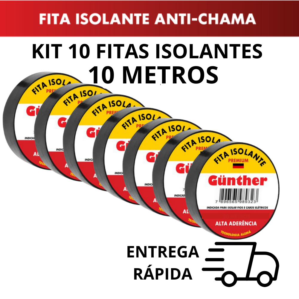 Kit 10 ou 5 Fitas isolante 10 Metros Alta Qualidade Anti-Chama Gunther em Oferta na Shopee