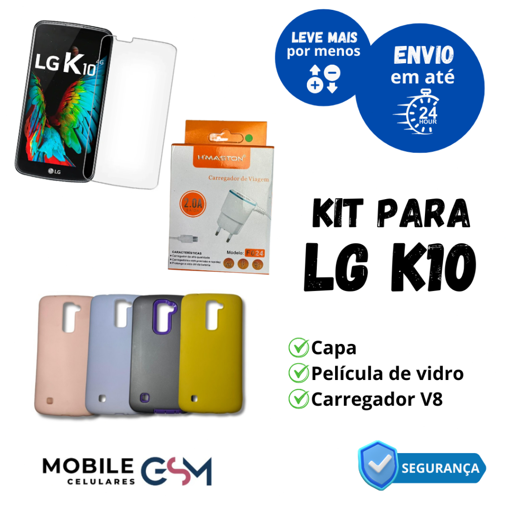 KIT CAPA + PELÍCULA VIDRO CAPINHAS PARA CELULAR LG K10 - KIT COMPLETO C/ CARREGADOR V8 H'MASTON