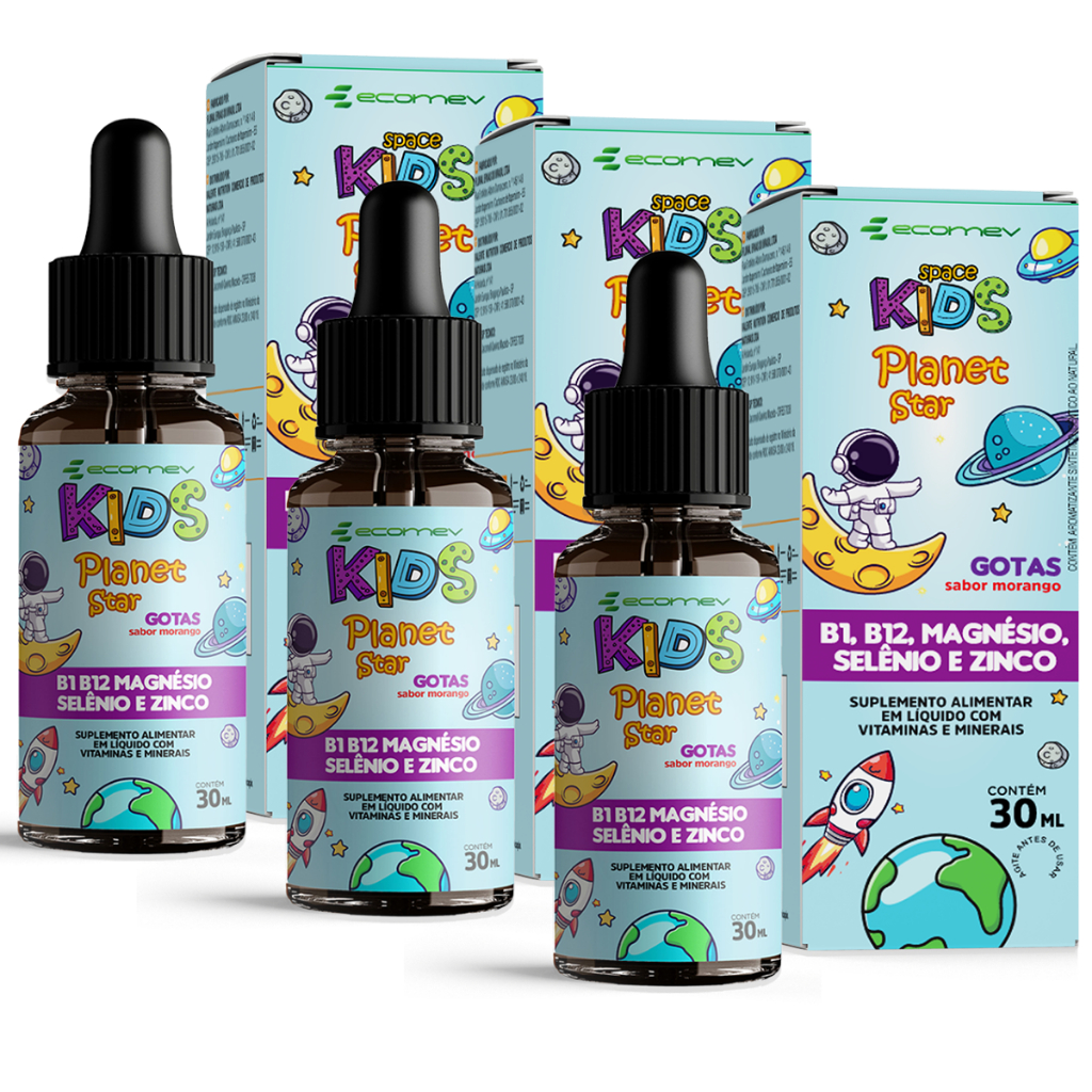3Un Foco Kids Magnesio B1 B12 Selenio Zinco Em Gotas Morango 30ml Ecomev