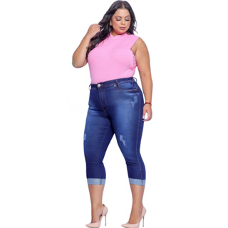 Calça Jeans Capri Feminina Plus Size Cintura Alta Modeladora Levanta Bumbum Conforto Casual em Oferta na Shopee