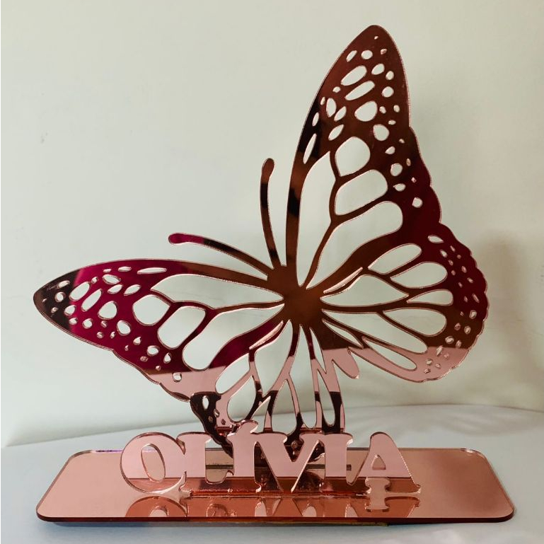 Centro de Mesa Borboleta com Nome Personalizado em Acrílico Rose Lembrancinha Festas Aniversário * - *