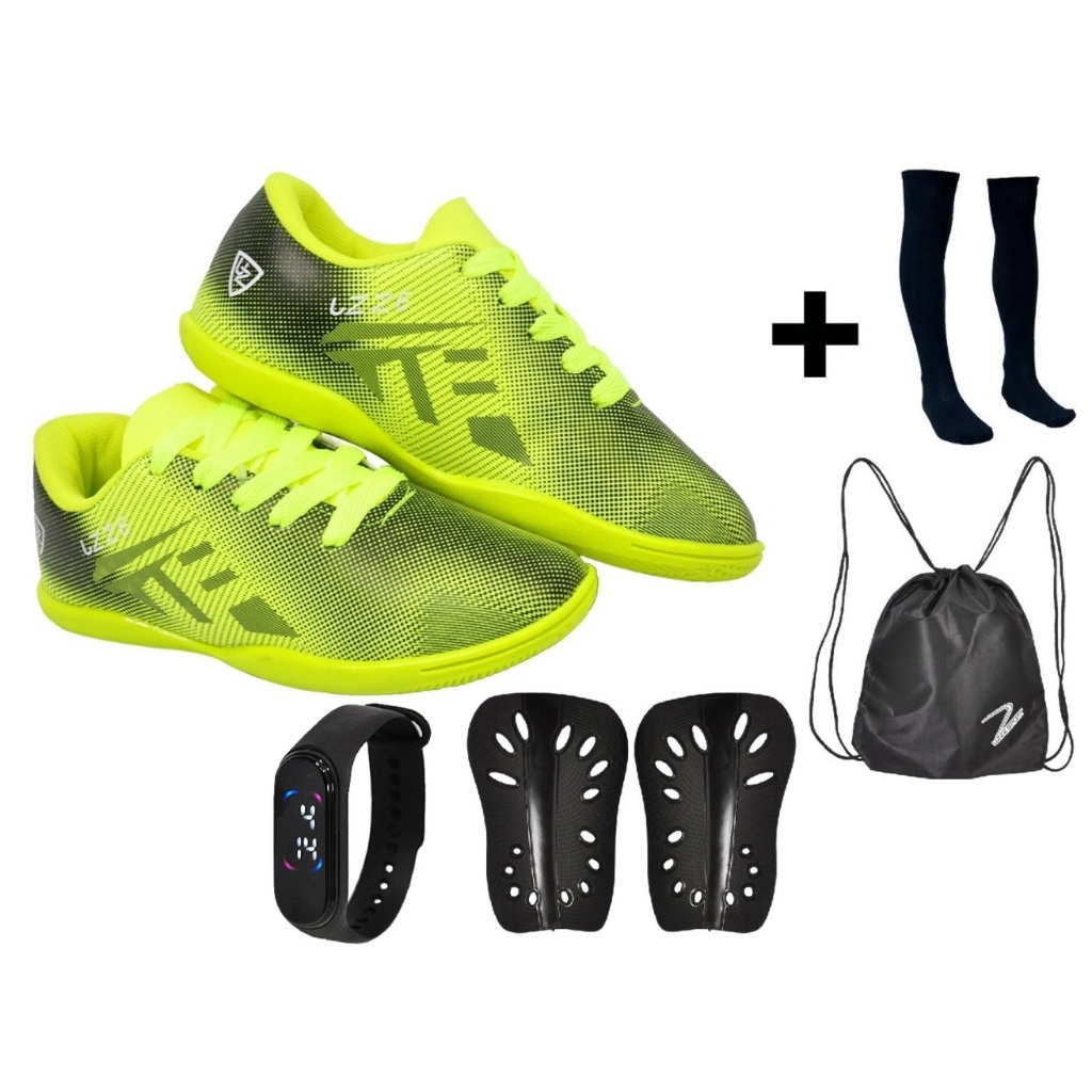 Chuteira Futsal Nova Infantil Meião Caneleira Mochila Relógio UZ