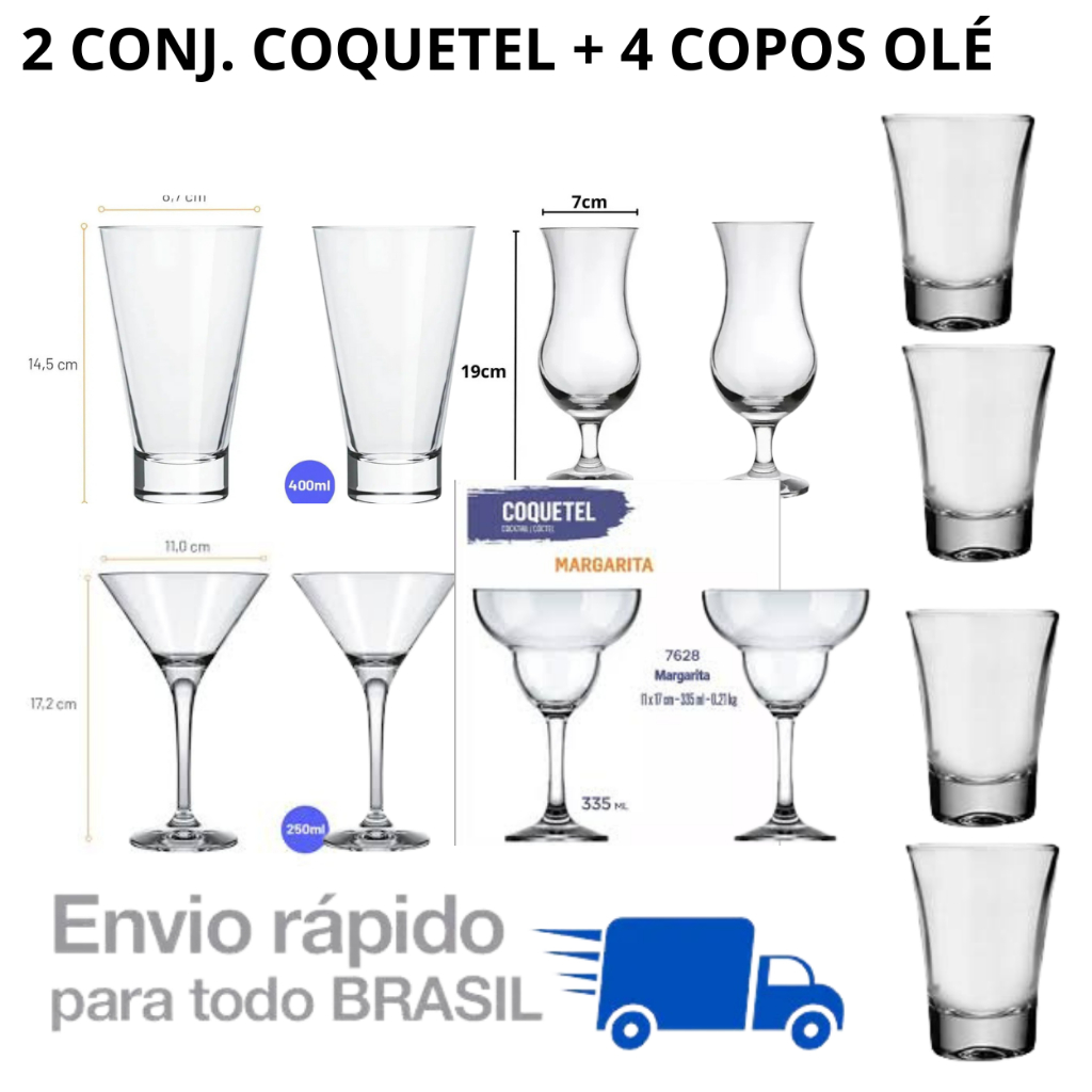 2 Conjuntos Tacas Coquetel + 4 Copos Ole Dose 60 Ml