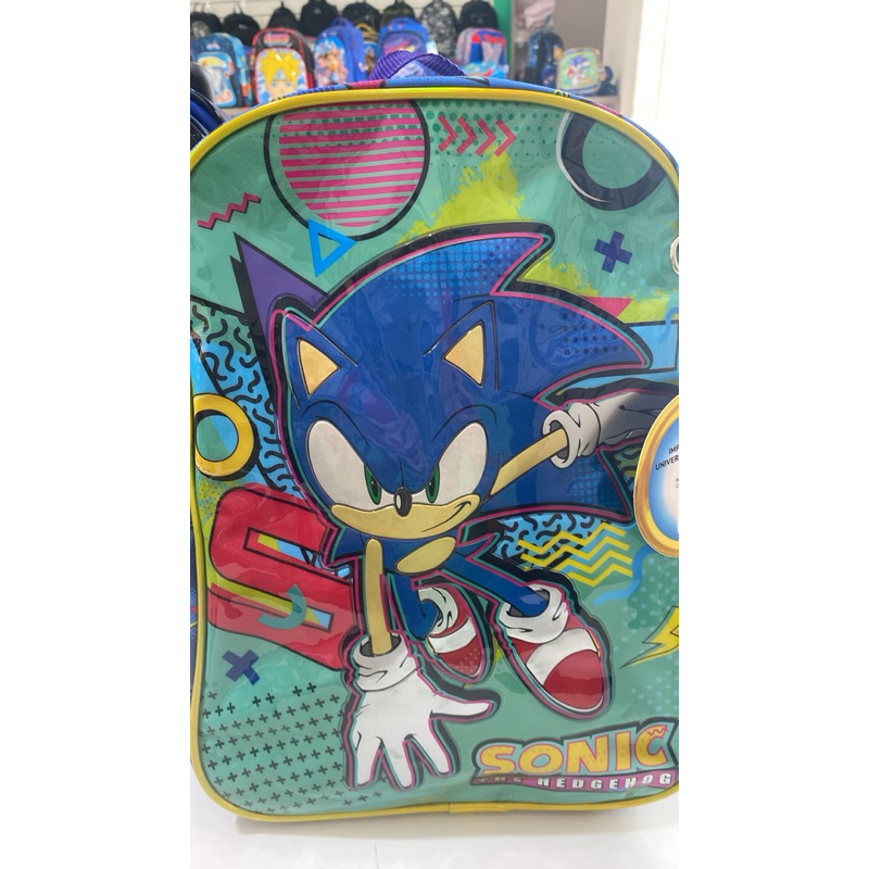mochila PEQUENA CRECHE SONIC AZUL/ VERDE costas reforçada Sonic personagens 4 bolsos RESISTENTE