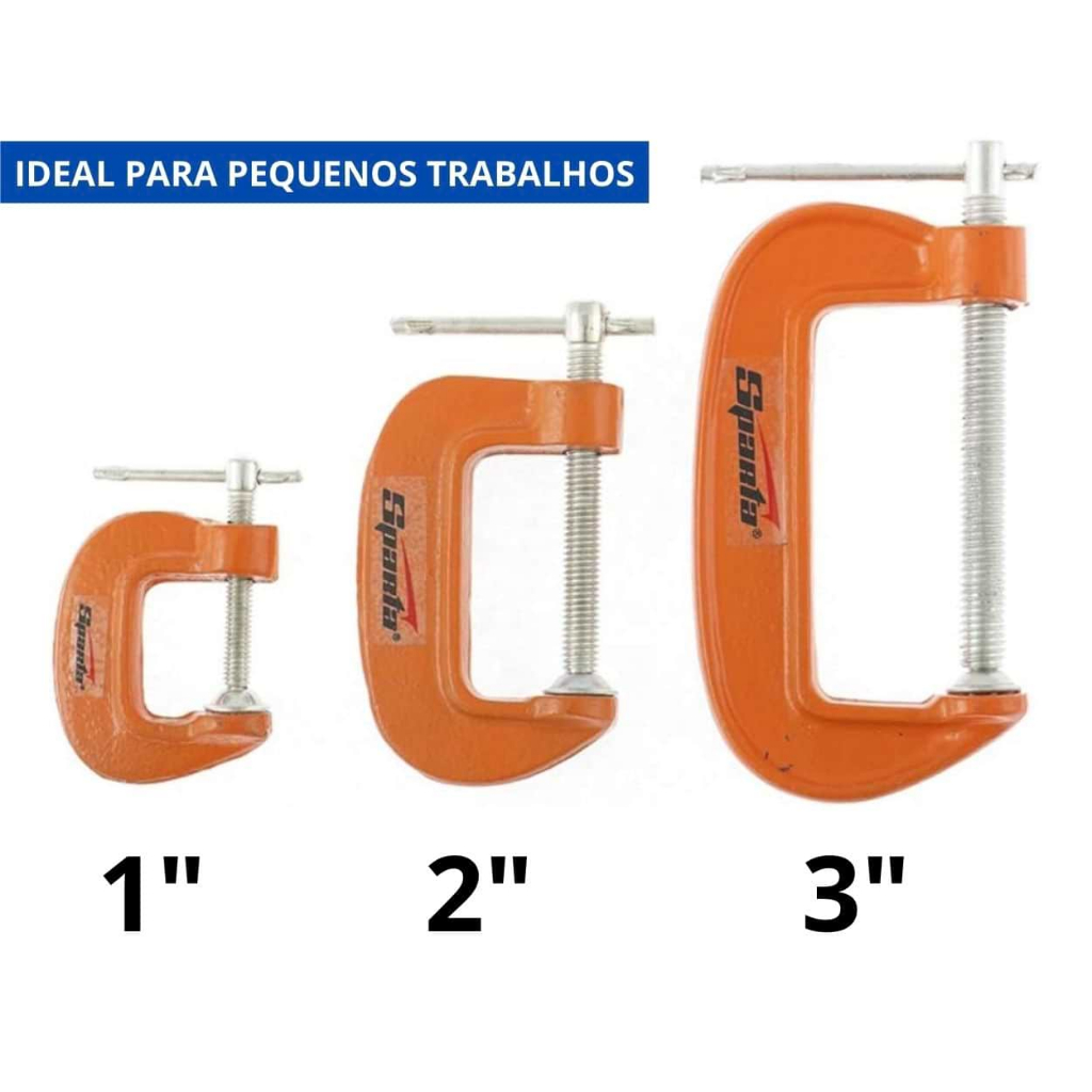 Kit 3 Grampos Sargentos Pequeno Tipo C Ferro 1" 2" e 3" Polegadas