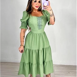 Vestido Feminino Curto Duna Liso Premium Manga Bufante com Cinto Ajustável para Look 2026