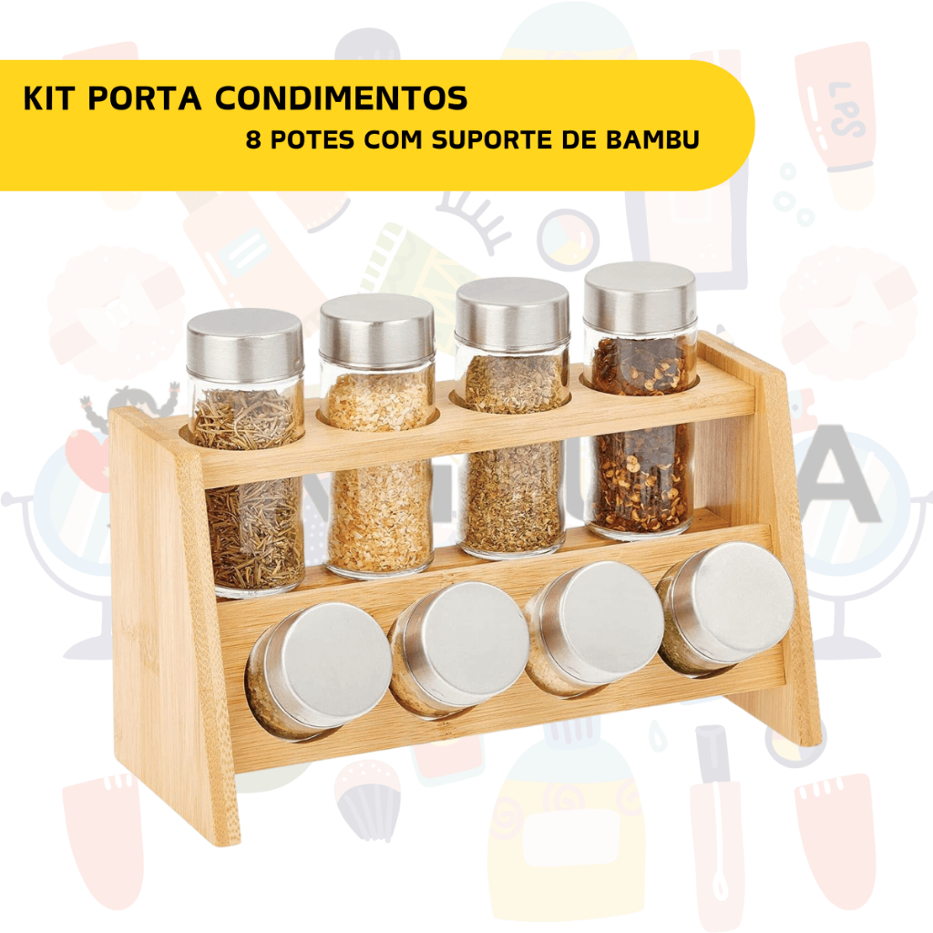 Kit Porta Condimentos 8 Potes de Vidro com Suporte De Bambu para Cozinha