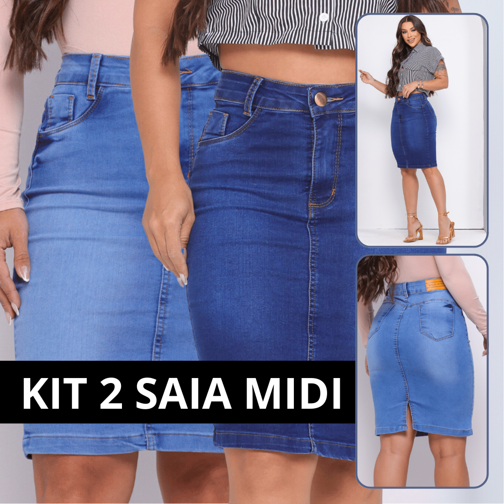 Kit 2 Saia jeans Evangelica Com Elastano Midi Saia Evangelica Cos Alto Cintura Alta Com lycra