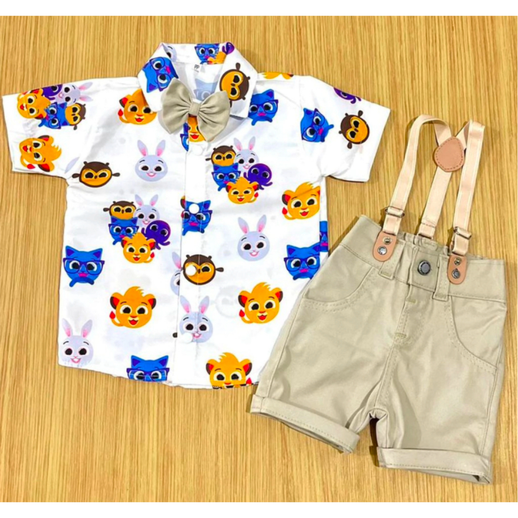 Conjunto Temático Com Suspensório Bege Preto Bolofofo Branco Gravata Social Menino Festa Aniversário
