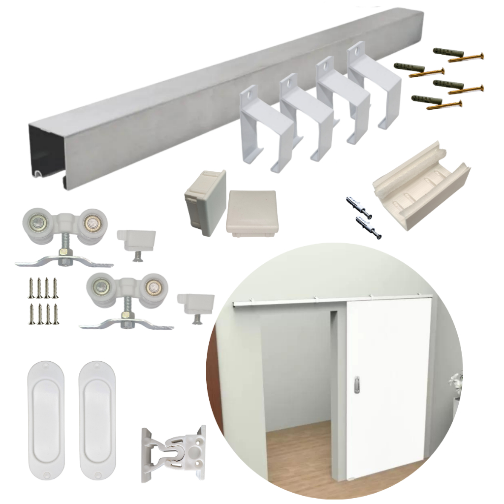 Kit De Ferragens De 1.40m De Correr Branco Para Porta De 72cm com fecho concha