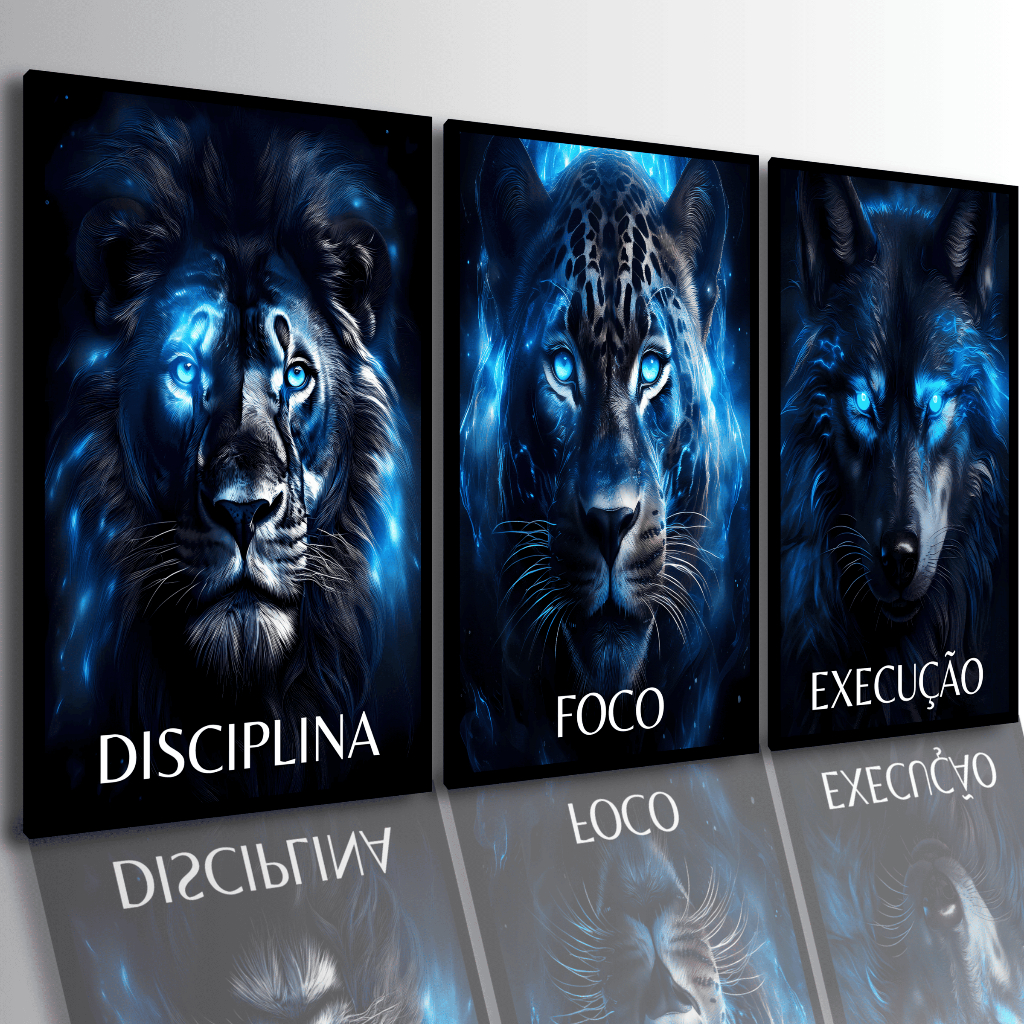 Quadros Decorativos Grande Motivacional, Lobo Leão Onça, Disciplina Foco Luxo