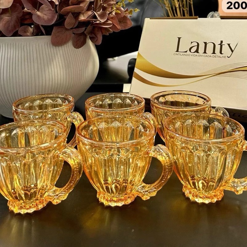 Jogo de Xícaras Chá e Café 200 ml Itália Âmbar Jogo 6 Peças Canecas Cristal douradas Luxuo...