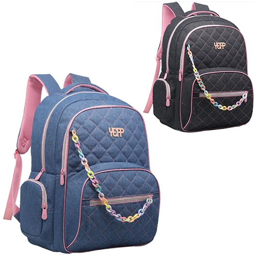 Mochila Grande Escolar Box Juvenil Jeans Azul Kawai Azul Preta Matelasse Teen Feminina