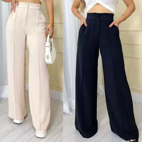 Calça Pantalona Feminina Wide Leg Cintura Alta Tecido Crepe Dunas P ao GG Disponível no Linho — imagem 1