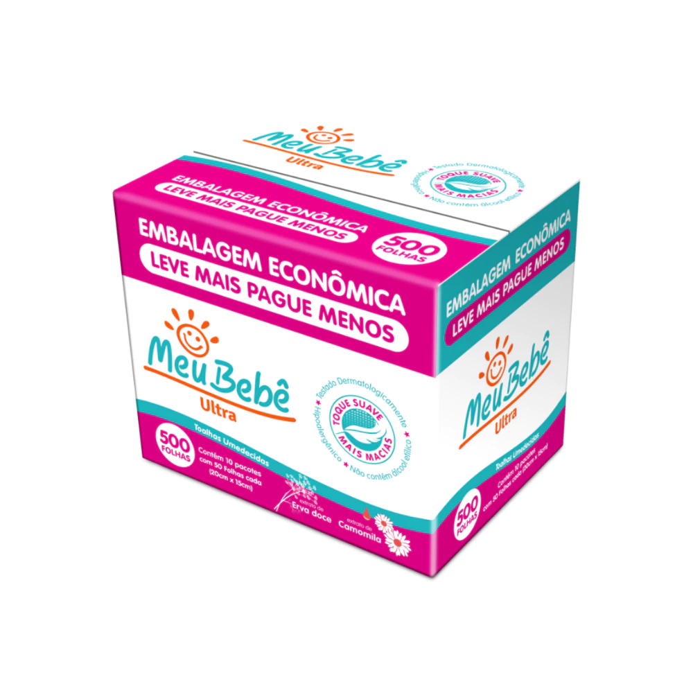 TOALHA UMEDECIDA PACK MEU BEBE ULTRA 500 FOLHAS - Caixa com 10 Pacotes de 50 Unidades