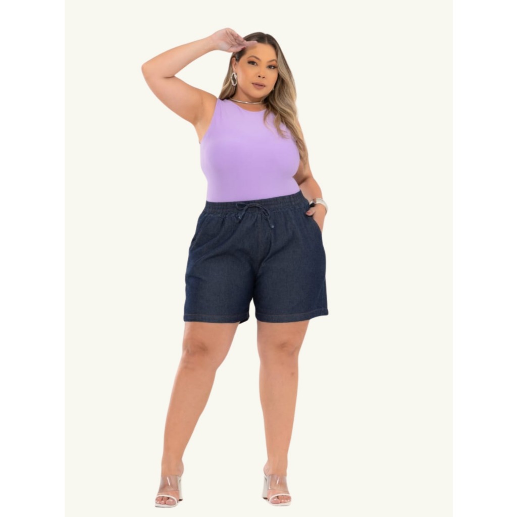 Bermuda Plus Size Short Feminino  Meia Coxa Jeans Leve  Com Elástico