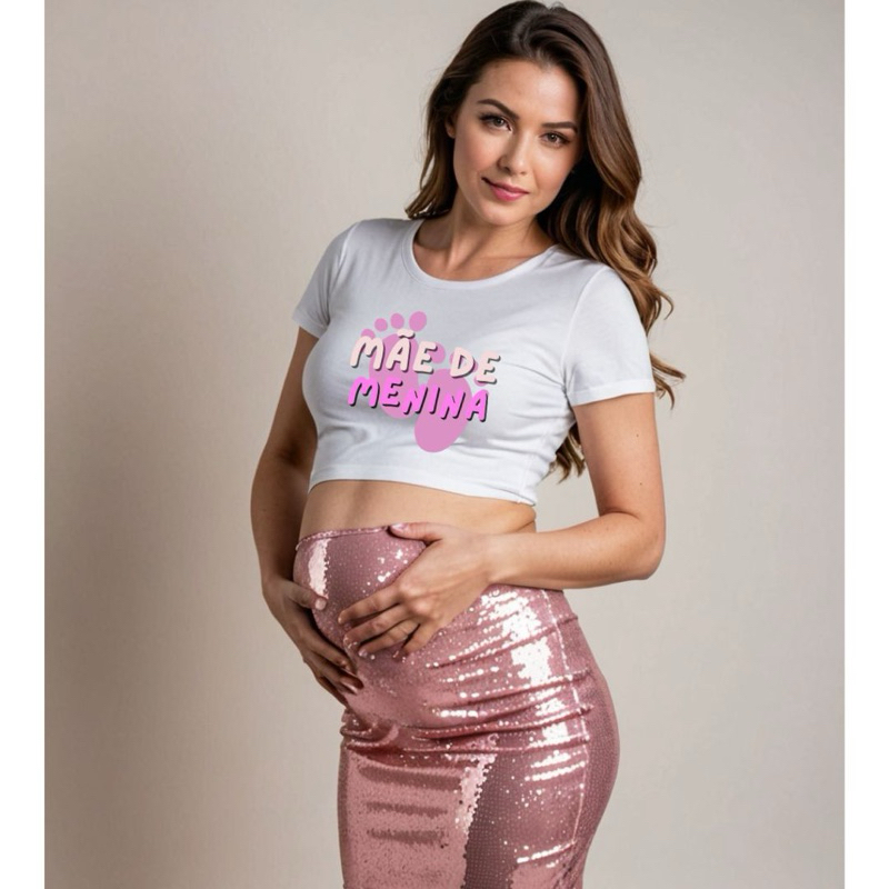 Camiseta Cropped Algodão Feminina Grávida Mãe de Menina Menino Gestação Ensaio Fotográfico Chá de Bebê