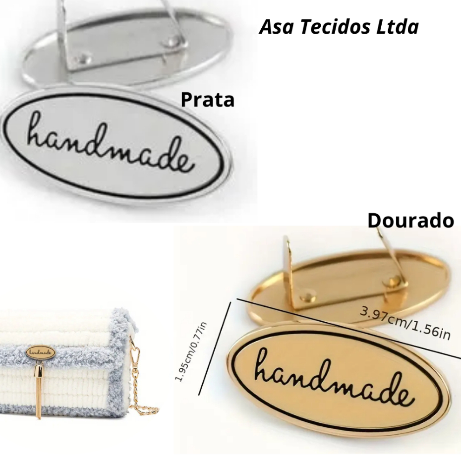Placa Metal Handmade Para Bolsas Crochê Mochilas Necessaire Artesanatos - Dourado - Prata