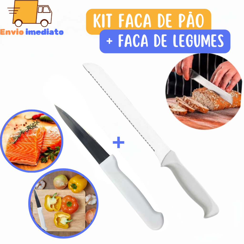 Kit Faca de Legum + Faca de Pao Faca de Cozinha Grande Faca De Carne Peixeira De Inox Cabo Branco Para Cozinha