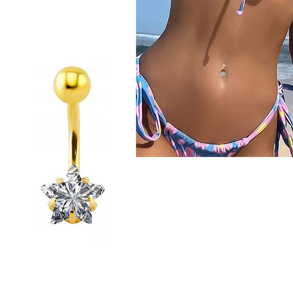 Piercing de Umbigo Dourado Estrela de Zircônia Haste e Bolinha de Aço Cirúrgico Hipoalergênico em Oferta na Shopee