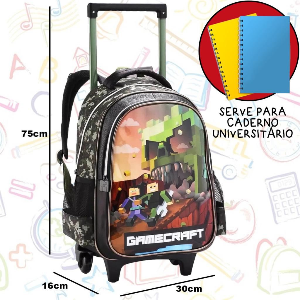 Kit Mochila Masculina Infantil Escolar Rodinha Gamecraft Menino Grande Reforçada Carrinho Minecraft