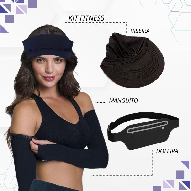 Kit Fitness Viseira + Pochete Doleira + Manguito Feminino Academia Caminhada