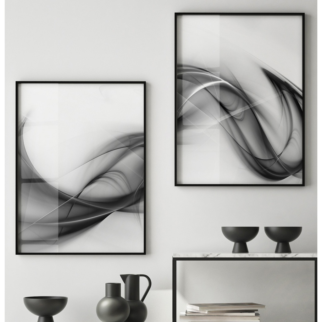 Quadro Abstrato Para Sala Quadro Com Moldura E Vidro Quadro Decorativo Quarto Grande Onda Cinza Duo