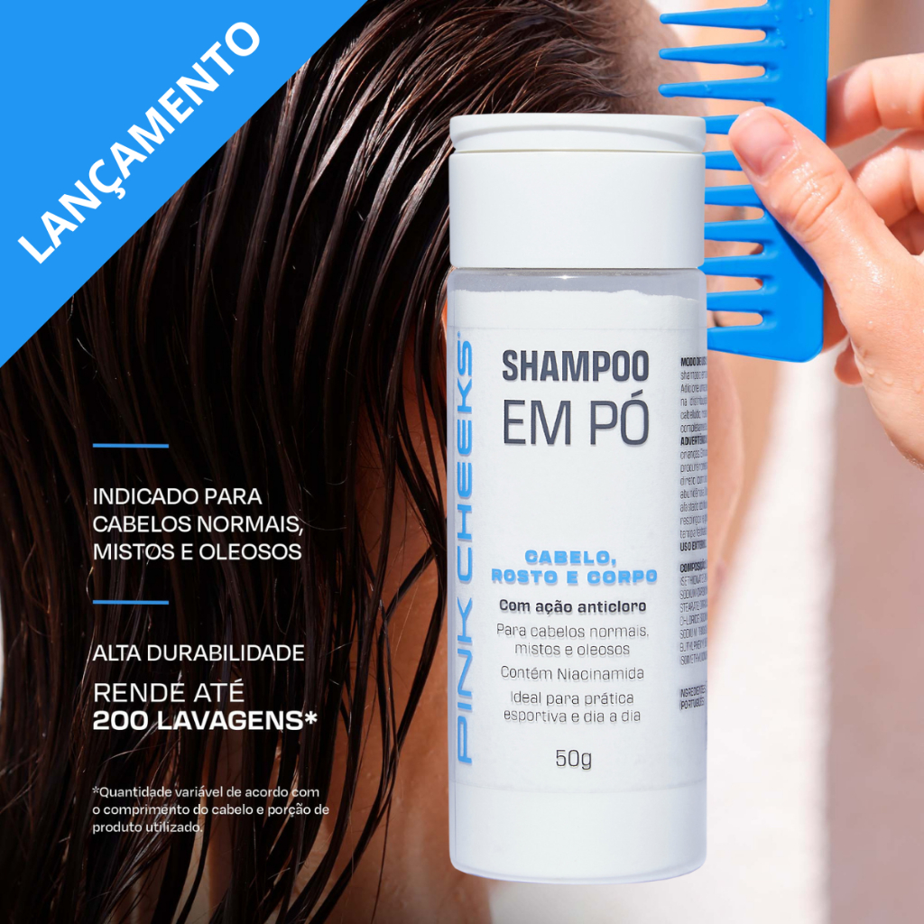 Shampoo Multifuncional 3 em 1 PINK CHEEKS  em Pó 50g Lançamento - Beauty