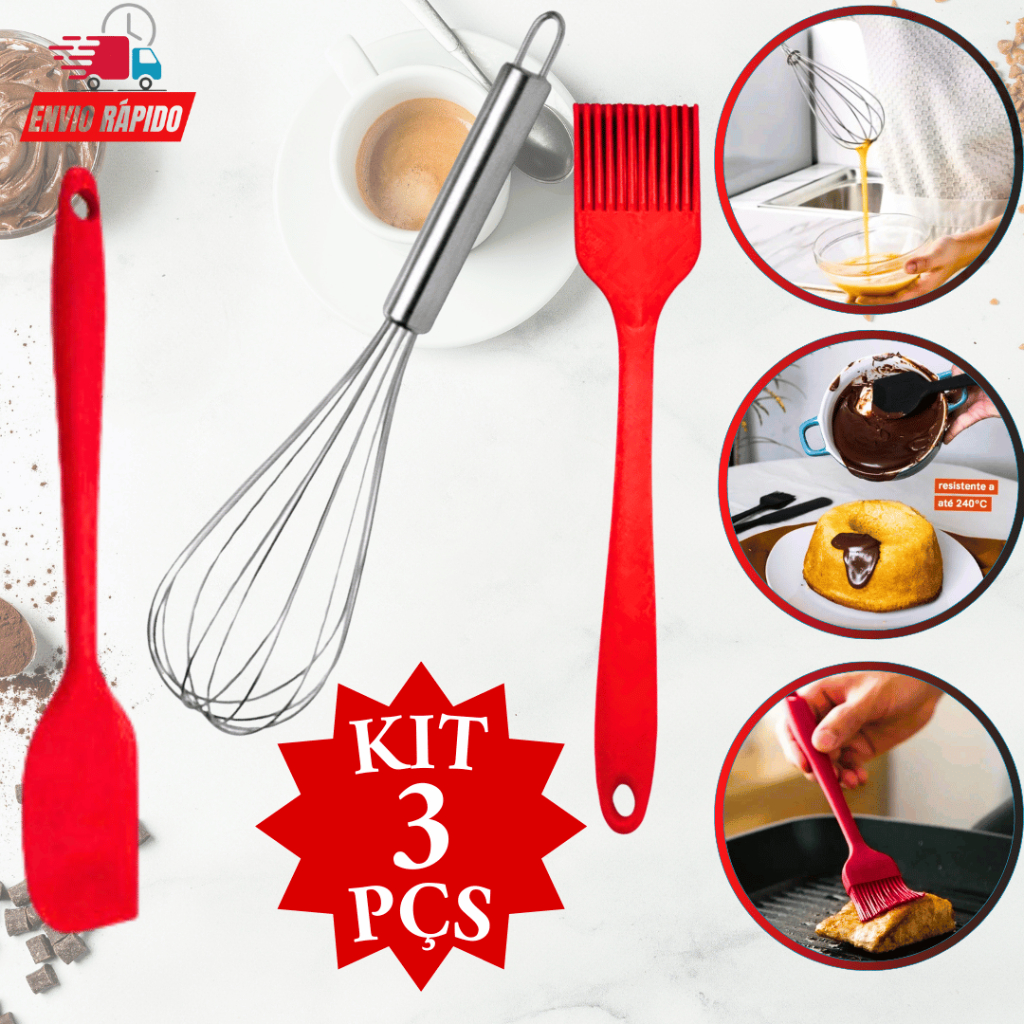 Kit 3 Peças Pincel de Silicone Espátula Lisa Pão Duro Silicone Fuê Batedor de Ovos Confeitaria Padaria Cozinha Promoção