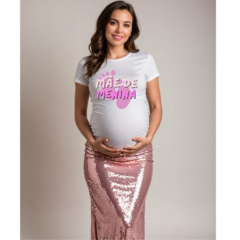 Camiseta Camisa Manga Curta Unissex Algodão T-shirt Grávida Mãe Pai De Menina Mundo Rosa Ensaio Gestante Adulto Plus Siz