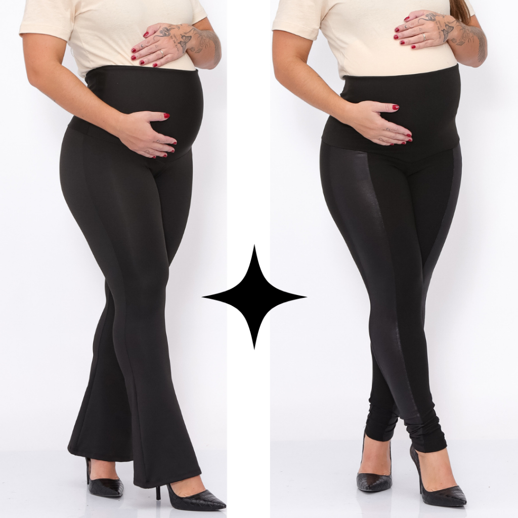 KIT 2 Peças Calças Flare Gestante +  Legging Montaria Cirre Maternidade Preta Zero Transparencia