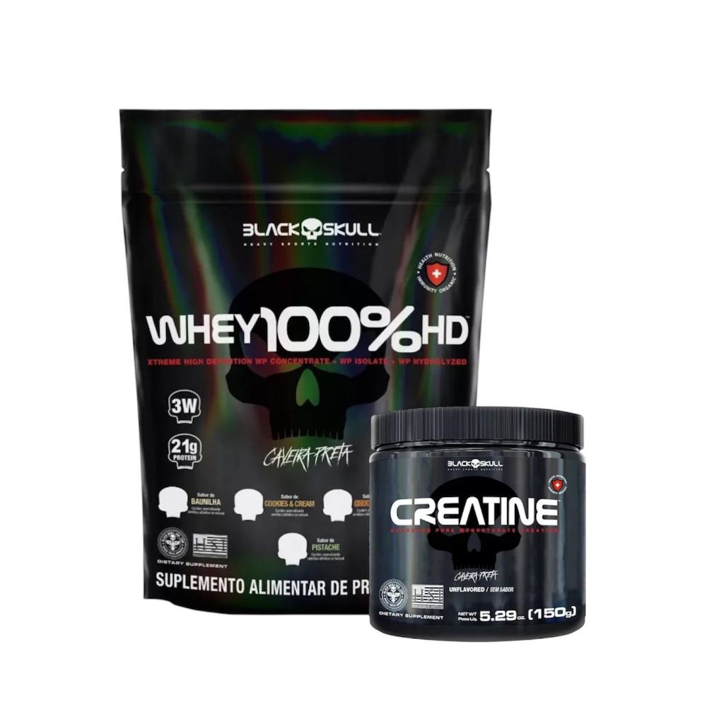 Whey 100% Puro 900g + Creatina 100% Pura 150g - Black Skull em Oferta na Shopee