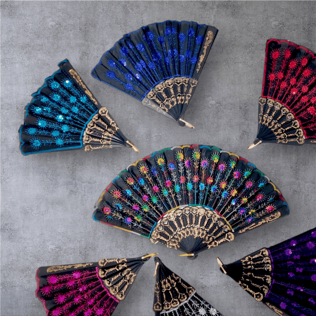 Leque Tecido Lantejoula Brilhante Varias Estampas Diversas Cor Madeira Escuro Oriental Japonês Gueixa