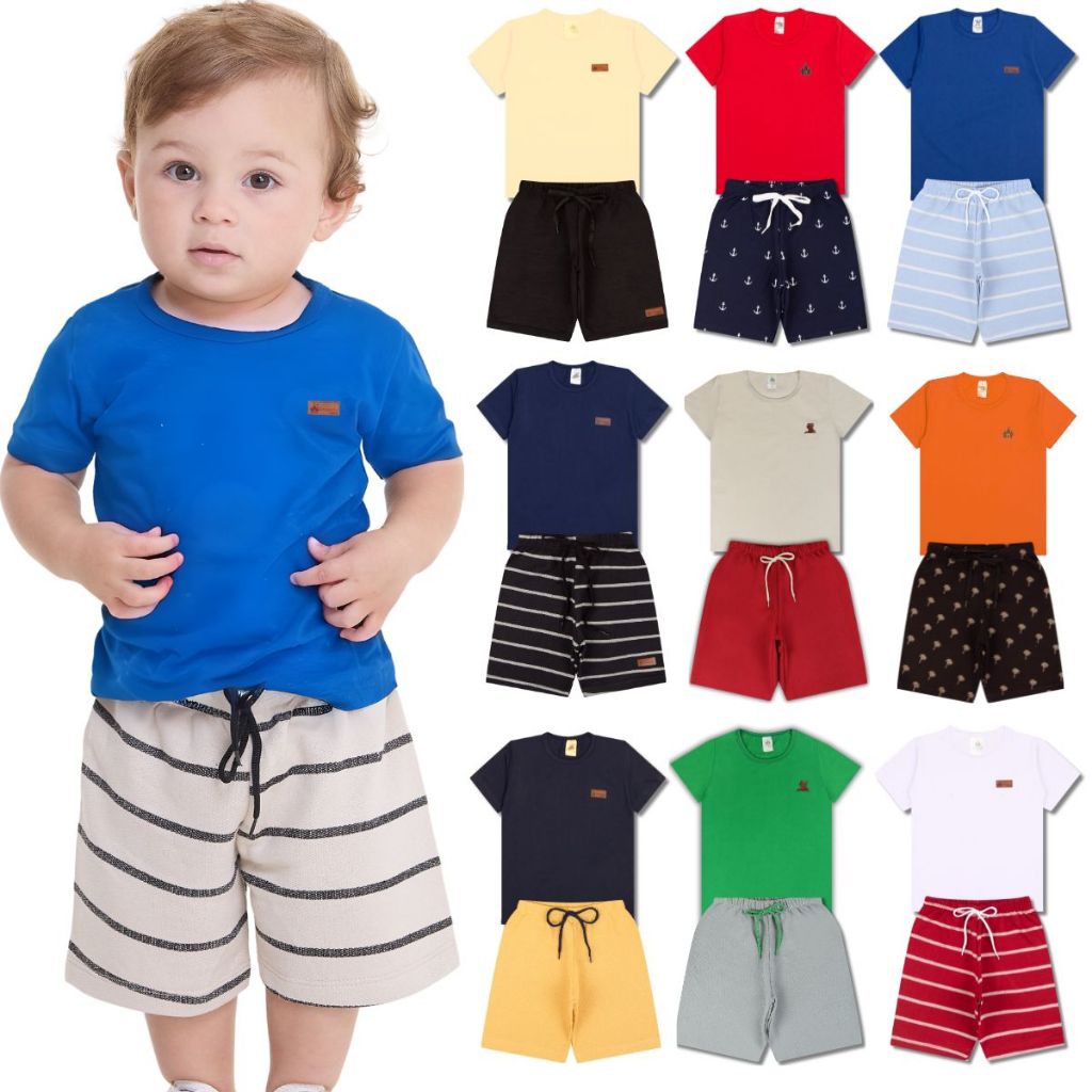 Kit Básico 10 Peças Roupa Bebê Menino - 5 Camisetas Básicas + 5 Bermudas - 5 Conjuntos Lisos Bebê Menino em Oferta na Shopee