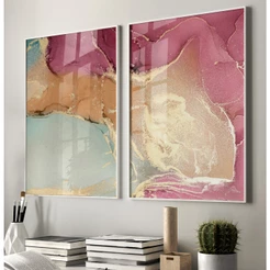 Quadro Decorativo Sala Quarto Quadro Abstrato Mármore Rosa Dourado Dupla De Quadros Com Moldura