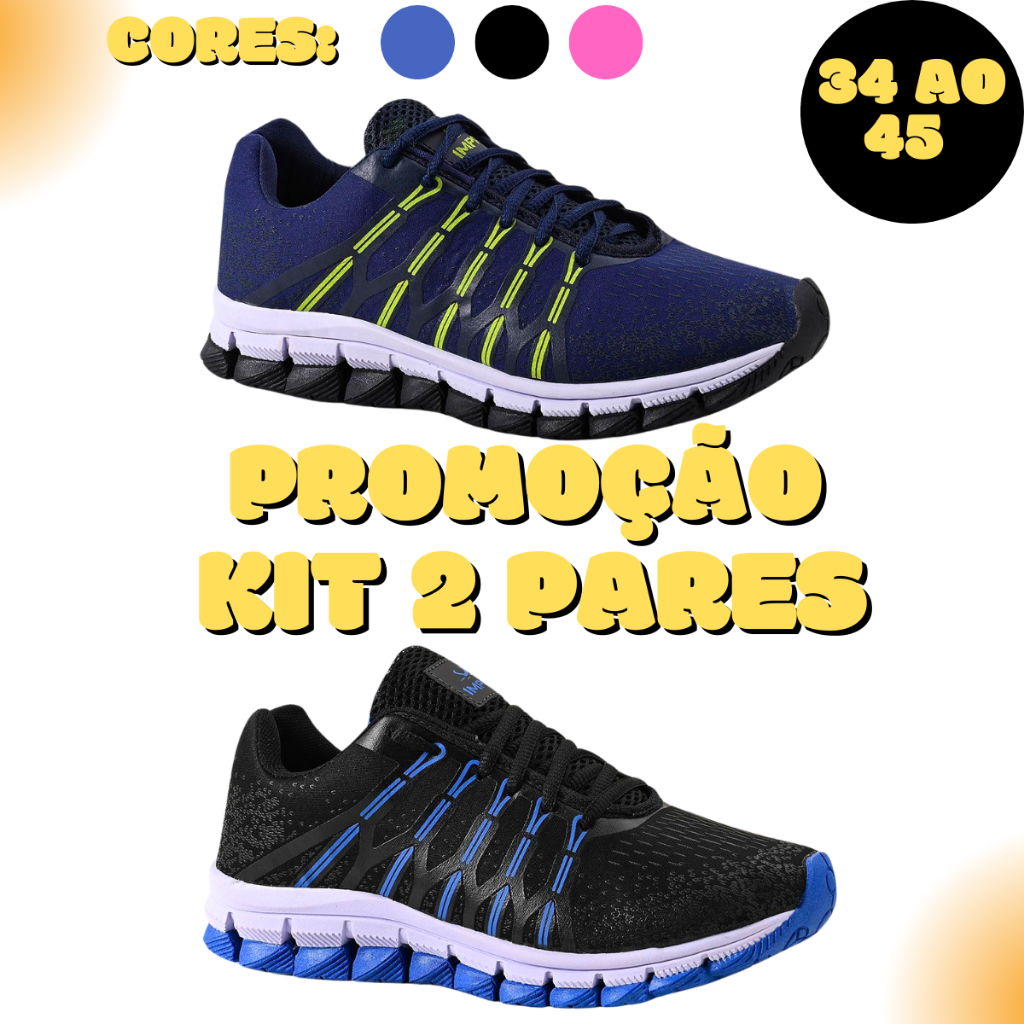 Kit 2 Pares Tênis Masculino Feminino 34 ao 45 Unissex Ultra Leve e Confortável para Academia Treino