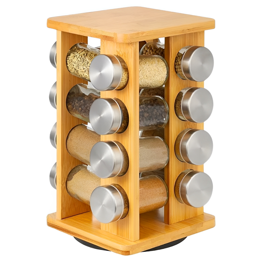 Porta Temperos de Bambu 16 Potes de Vidro Organizador Condimentos Especiarias Cozinha Quad...