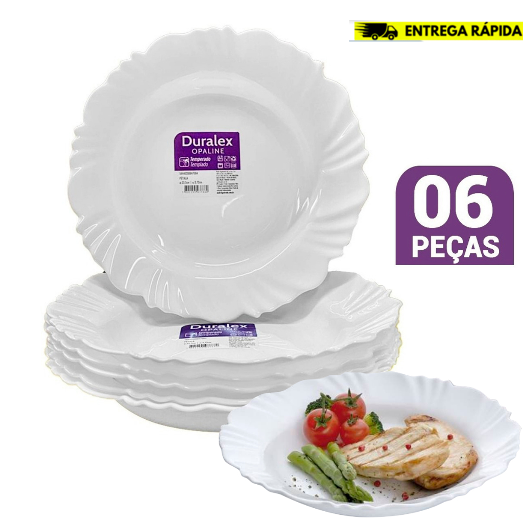 Kit jogo 6 Pratos Fundo Duralex Vidro Opaline Pétala Branco Circular 23.5CM Temperado- Res...