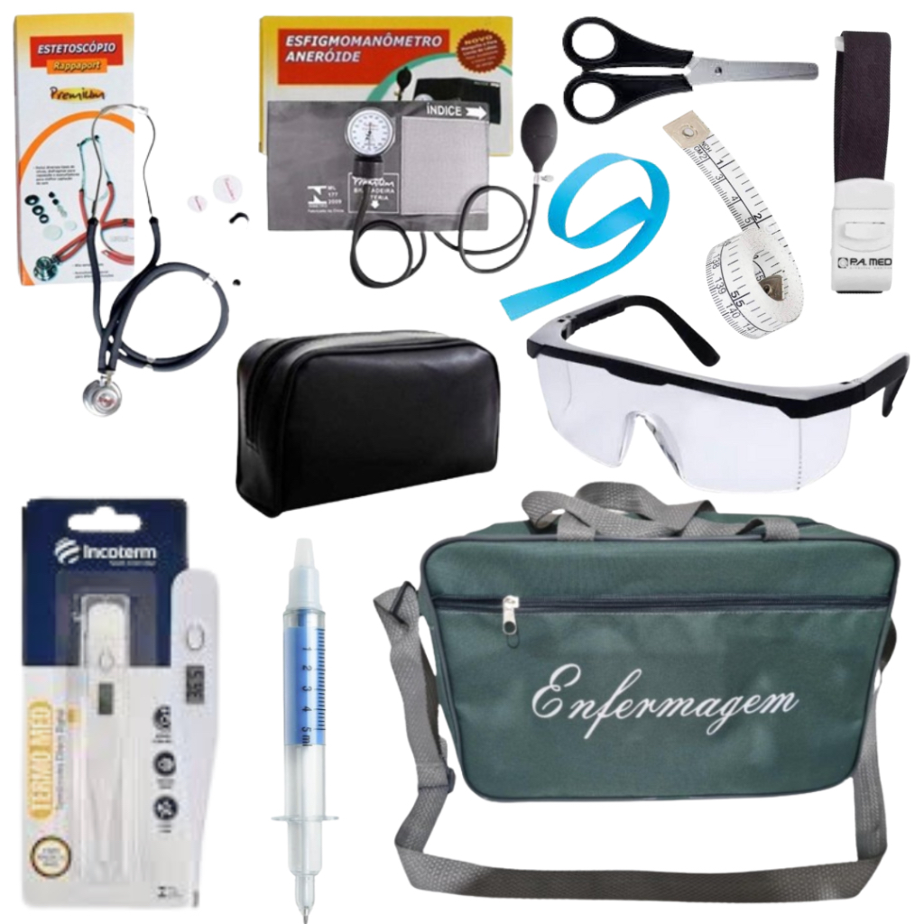 Kit Enfermagem Luxo Grafite com Aparelho de Pressão e Estetoscópio Duplo Premium 10 itens