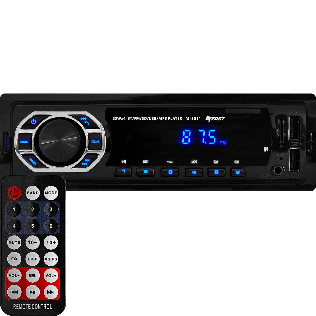 Rádio MP3 Som Automotivo Bluetooth Universal 1 Din LED Azul 2 USB Auxiliar Leitor Cartão SD 3011