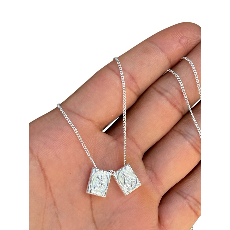 Escapulário Masculino giratório 70 cm São Jorge e sagrado coração prata pura 925 legítima + caixinha