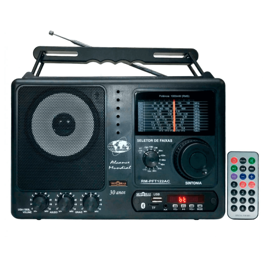 Rádio Portátil FM/OM/OC 12 Faixas Com Sintonia Fina - 122AC Usb/Bluetooth/Sd Com Controle Remoto - Motobras em Oferta na Shopee