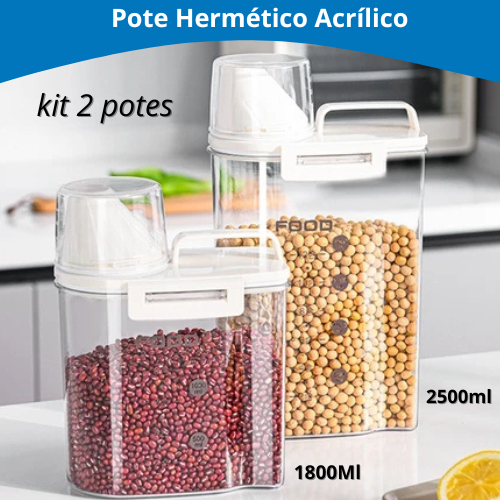 Kit 2 Potes Herméticos em Acrílico Dispenser para Alimentos Grãos Sabão em pó e liquido com tampa Copo Medidor dosador