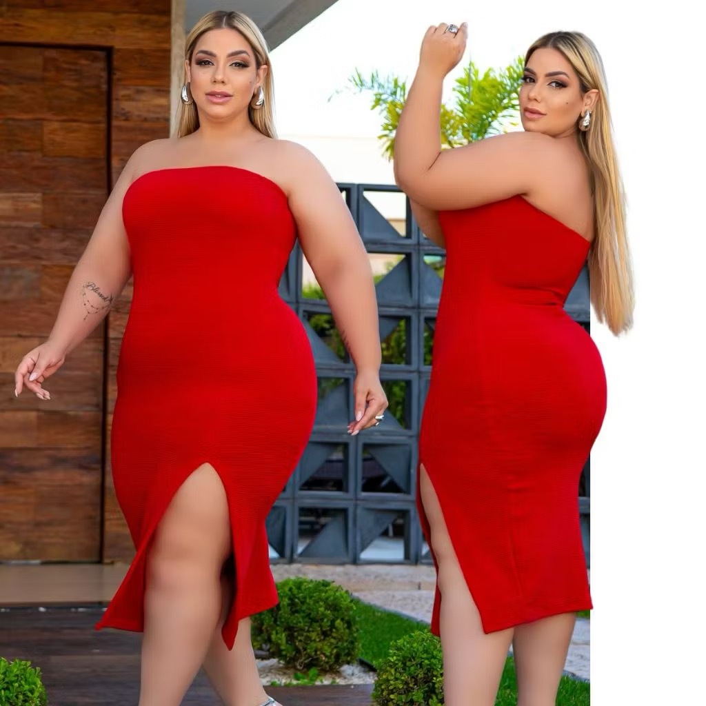 Vestido Midi Canelado Tubinho Tomara Que Caia Plus Size 36 ao 58 em Oferta na Shopee