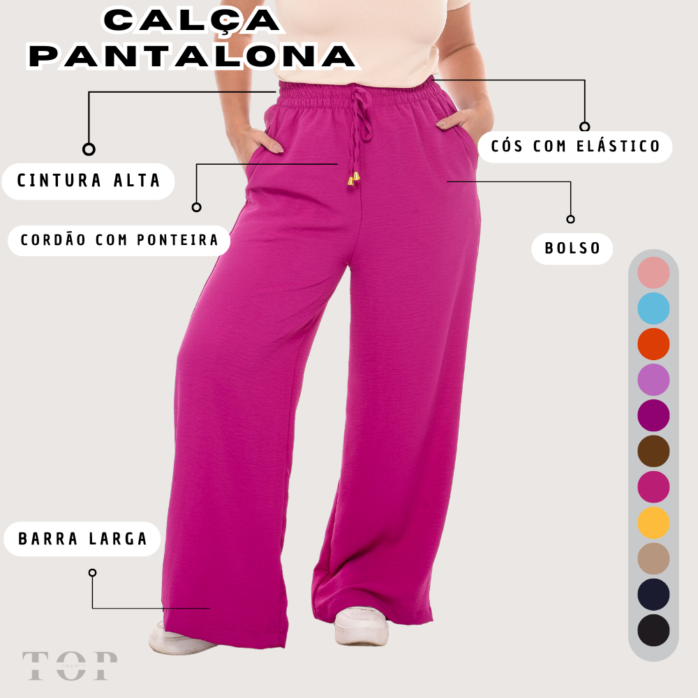 Calça Pantalona Feminina Cintura Alta Com Bolso e Elástico na Cintura Tecido Duna