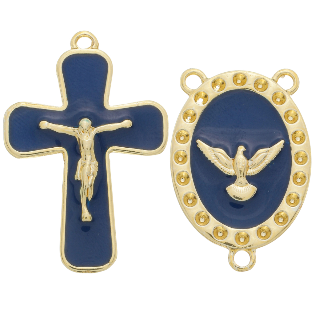 Kit 5 10 Pingente Cruz Jesus Crucificado + Entremeios Para Terço Pomba da Paz Dourado Cataforético