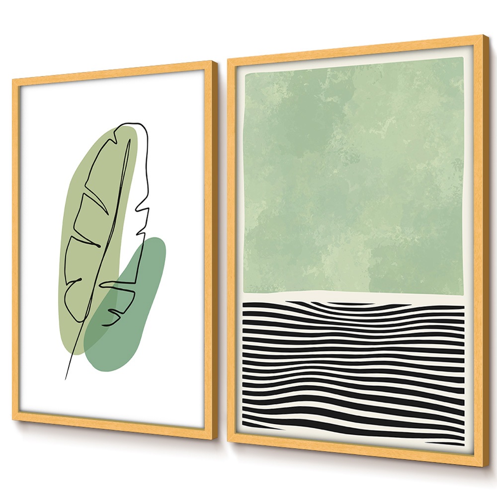 Quadros Decorativos Dupla de Quadros Com Moldura Abstrato Verde Folhagem Minimalista Quarto Casal · foto 2